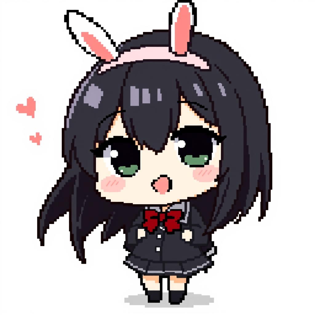 Pixelated chibi Sakurajima Mai on a light gray background, with cute and exaggerated chibi features, distinctive long black hair, bunny ears headband, black school uniform with a red bow tie