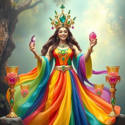 A joyful goddess of happiness clad in a rainbow flowing dress, radiating vibrant energy and positivity