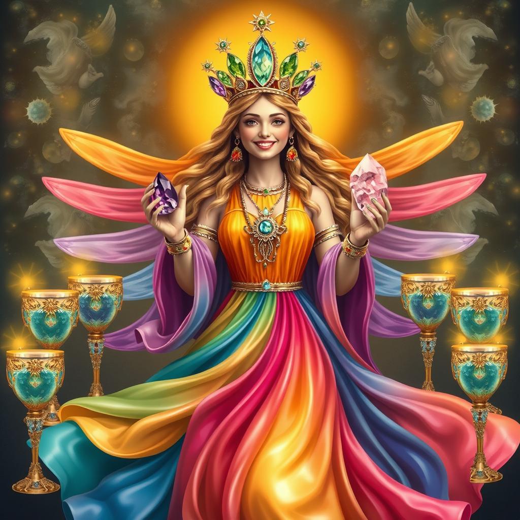 A joyful goddess of happiness clad in a rainbow flowing dress, radiating vibrant energy and positivity