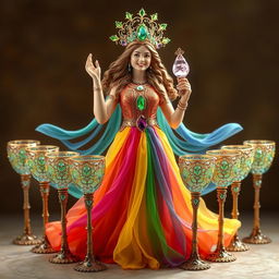 A joyful goddess of happiness clad in a rainbow flowing dress, radiating vibrant energy and positivity