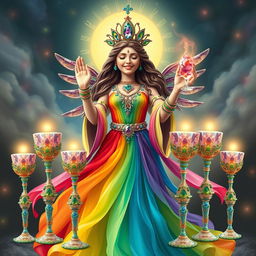 A joyful goddess of happiness clad in a rainbow flowing dress, radiating vibrant energy and positivity