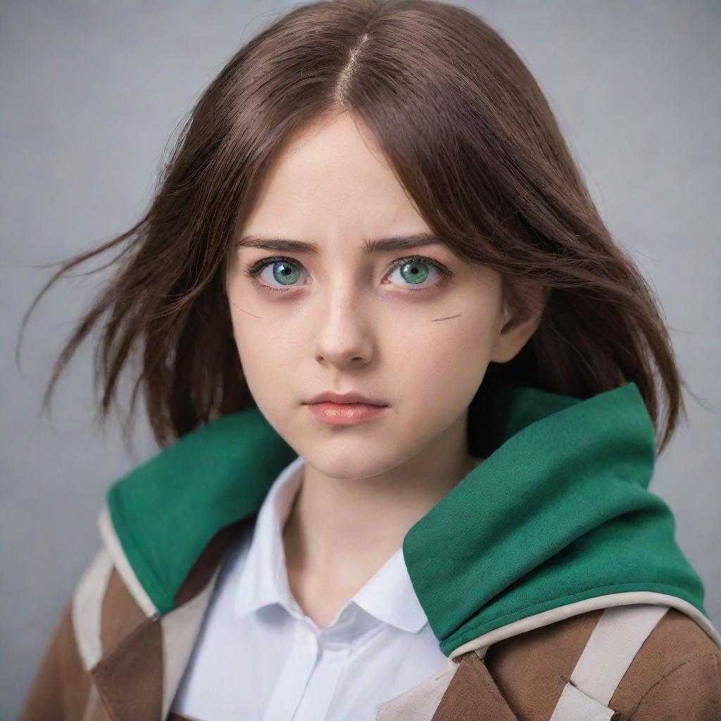 A 15-year-old girl resembling a character from Attack on Titan. She has straight, brown hair and vibrant green eyes. She's adorned in typical attire from the series, exuding a fierce and determined aura.