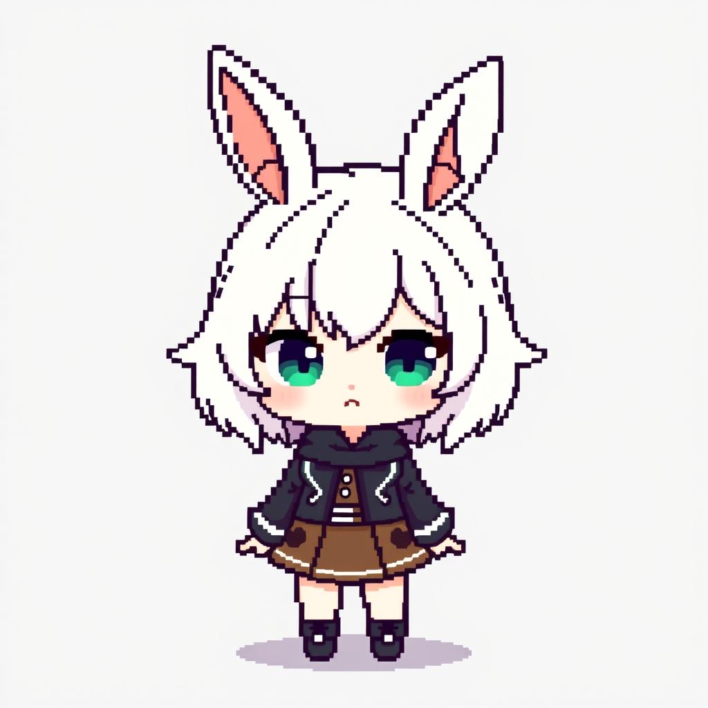 Pixelated chibi bunny girl, featuring iconic bunny ears and playful expression, wearing a cute and stylish outfit with a hint of elegance, designed in a minimalist pixel art style against a simple backdrop