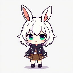 Pixelated chibi bunny girl, featuring iconic bunny ears and playful expression, wearing a cute and stylish outfit with a hint of elegance, designed in a minimalist pixel art style against a simple backdrop