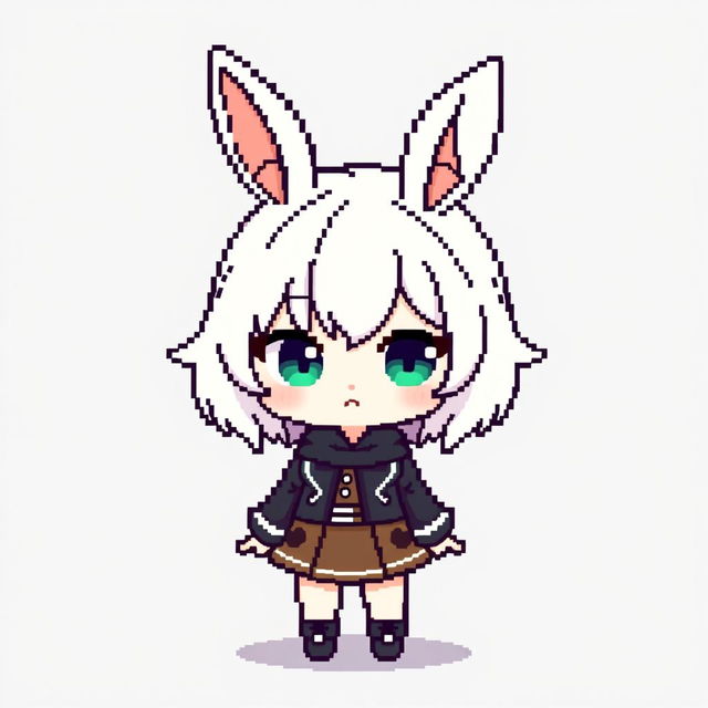 Pixelated chibi bunny girl, featuring iconic bunny ears and playful expression, wearing a cute and stylish outfit with a hint of elegance, designed in a minimalist pixel art style against a simple backdrop