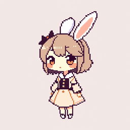 Pixelated chibi bunny girl, featuring iconic bunny ears and playful expression, wearing a cute and stylish outfit with a hint of elegance, designed in a minimalist pixel art style against a simple backdrop