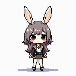 Pixelated chibi bunny girl, featuring iconic bunny ears and playful expression, wearing a cute and stylish outfit with a hint of elegance, designed in a minimalist pixel art style against a simple backdrop