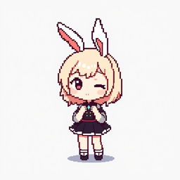 Pixelated chibi bunny girl, featuring iconic bunny ears and playful expression, wearing a cute and stylish outfit with a hint of elegance, designed in a minimalist pixel art style against a simple backdrop