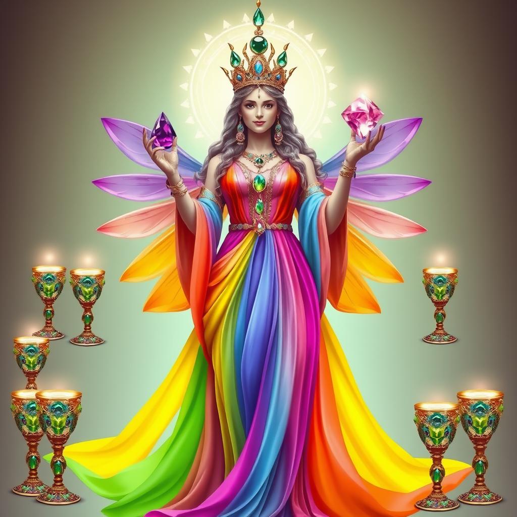 A radiant goddess of fulfillment dressed in a rainbow flowing dress, embodying joy and contentment