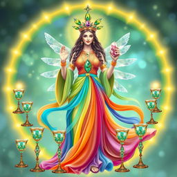 A radiant goddess of fulfillment dressed in a rainbow flowing dress, embodying joy and contentment