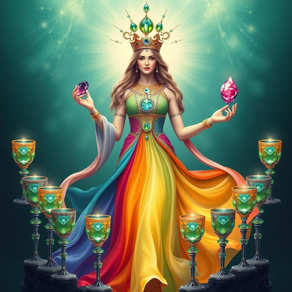 A radiant goddess of fulfillment dressed in a rainbow flowing dress, embodying joy and contentment