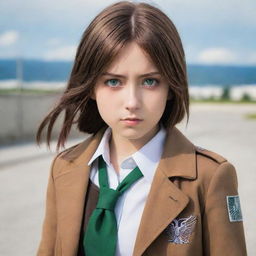 A 15-year-old girl resembling a character from Attack on Titan. She has straight, brown hair and vibrant green eyes. She's adorned in typical attire from the series, exuding a fierce and determined aura.