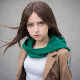 A 15-year-old girl resembling a character from Attack on Titan. She has straight, brown hair and vibrant green eyes. She's adorned in typical attire from the series, exuding a fierce and determined aura.