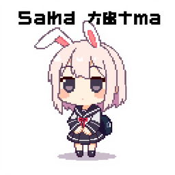 Pixelated chibi Sakurajima Mai with bunny ears, depicted in a playful and cute style, wearing her trademark school uniform, designed in a minimalist pixel art approach against a simple background