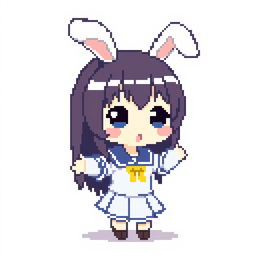 Pixelated chibi Sakurajima Mai with bunny ears, depicted in a playful and cute style, wearing her trademark school uniform, designed in a minimalist pixel art approach against a simple background