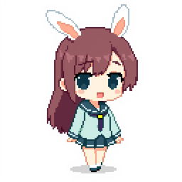 Pixelated chibi Sakurajima Mai with bunny ears, depicted in a playful and cute style, wearing her trademark school uniform, designed in a minimalist pixel art approach against a simple background