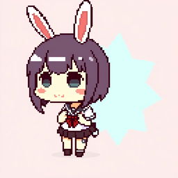 Pixelated chibi Sakurajima Mai with bunny ears, depicted in a playful and cute style, wearing her trademark school uniform, designed in a minimalist pixel art approach against a simple background