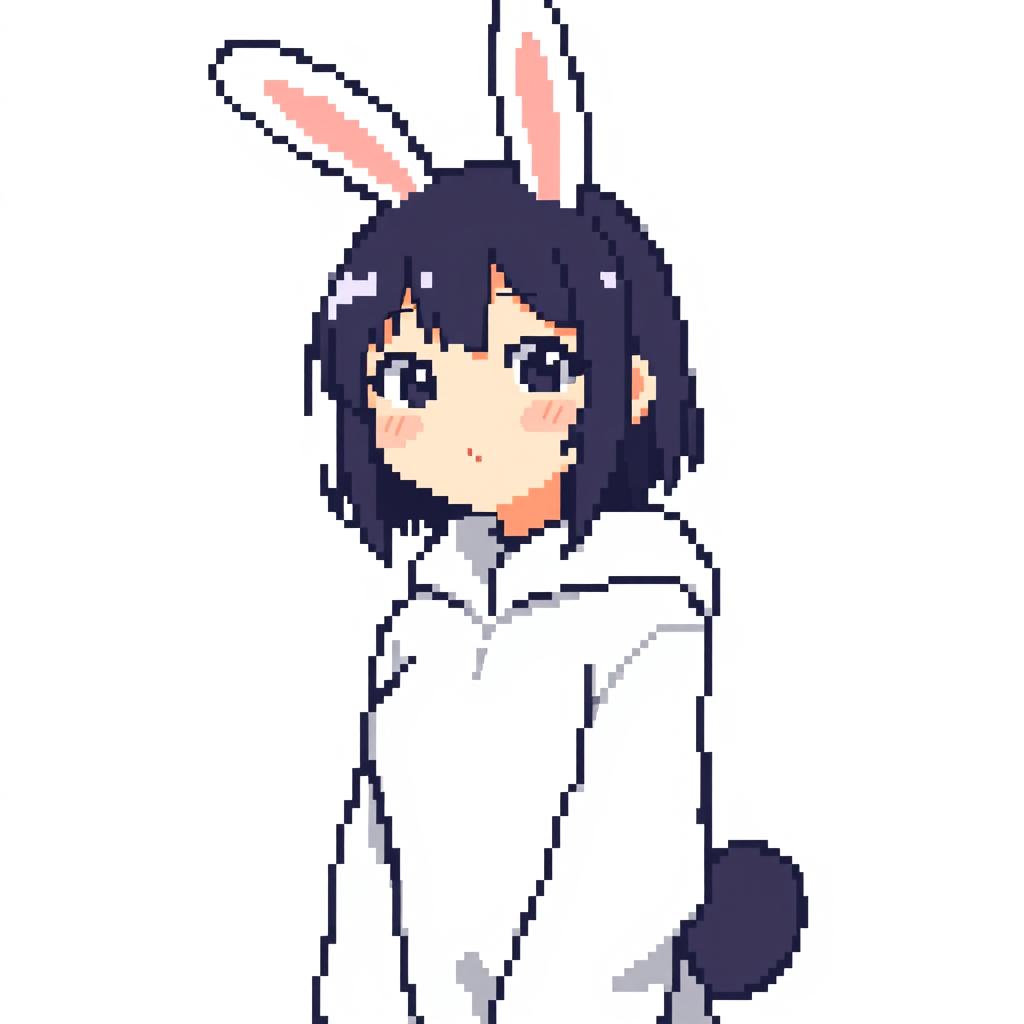 Minimalist pixel art of Sakurajima Mai wearing a bunny suit, featuring her with bunny ears and a playful yet confident expression, designed in a compact 16px x 16px format