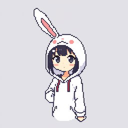 Minimalist pixel art of Sakurajima Mai wearing a bunny suit, featuring her with bunny ears and a playful yet confident expression, designed in a compact 16px x 16px format