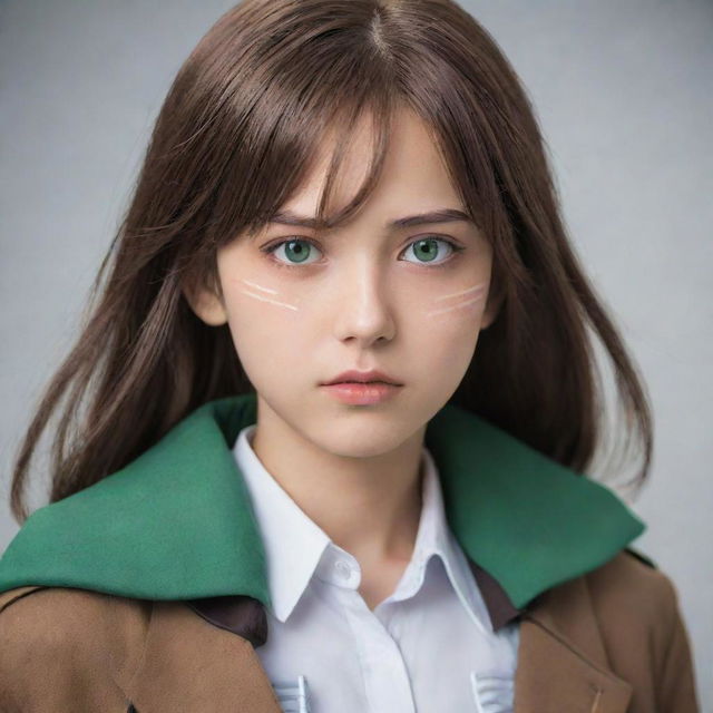 A 15-year-old girl resembling a character from Attack on Titan. She has straight, brown hair and vibrant green eyes. She's adorned in typical attire from the series, exuding a fierce and determined aura.