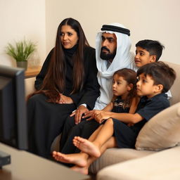 A family sitting on a couch watching TV