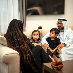 A family sitting on a couch watching TV