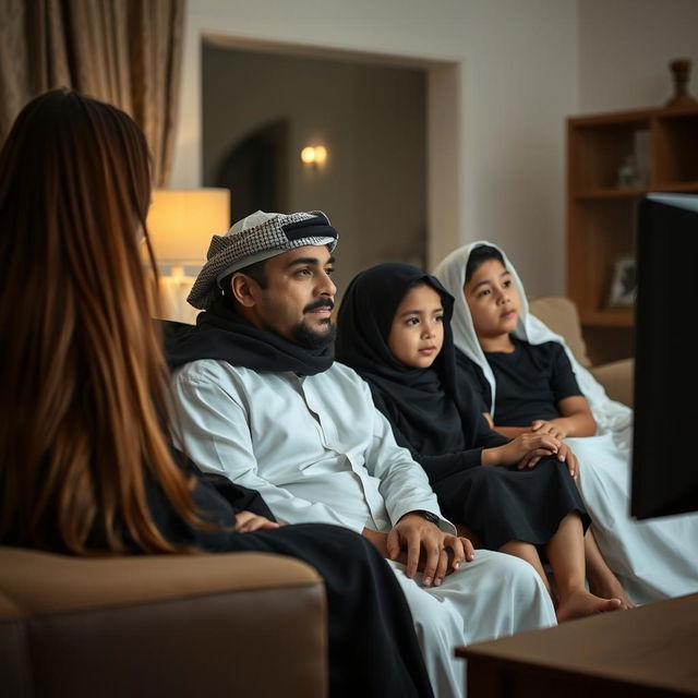 A family sitting on a couch watching TV