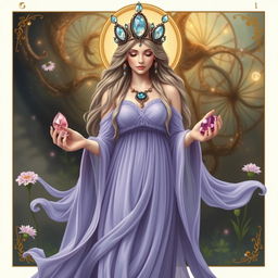 A mystical goddess of creativity adorned in a lavender flowing dress, embodying inspiration and artistic expression