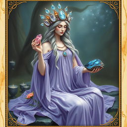 A mystical goddess of creativity adorned in a lavender flowing dress, embodying inspiration and artistic expression