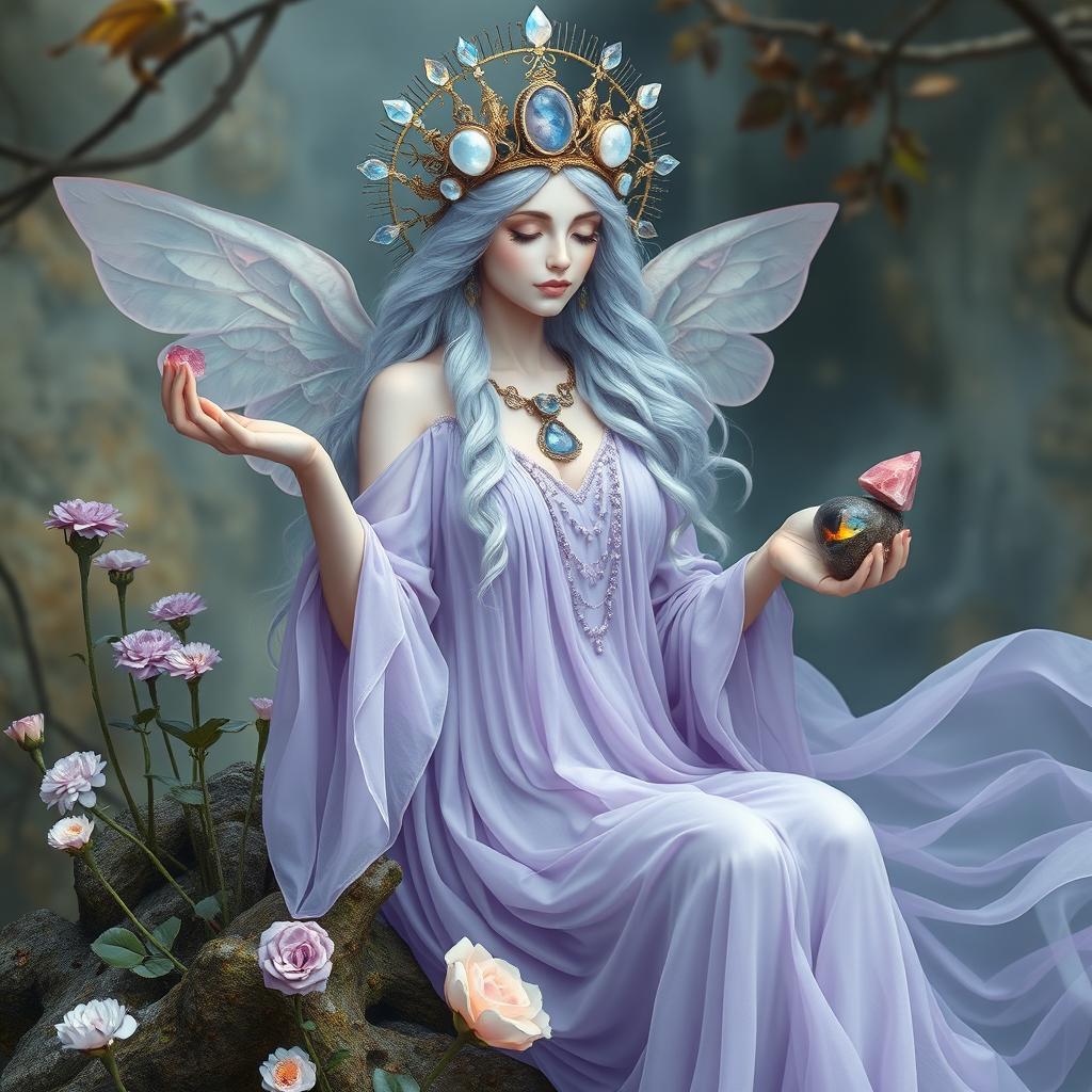 A mystical goddess of creativity adorned in a lavender flowing dress, embodying inspiration and artistic expression