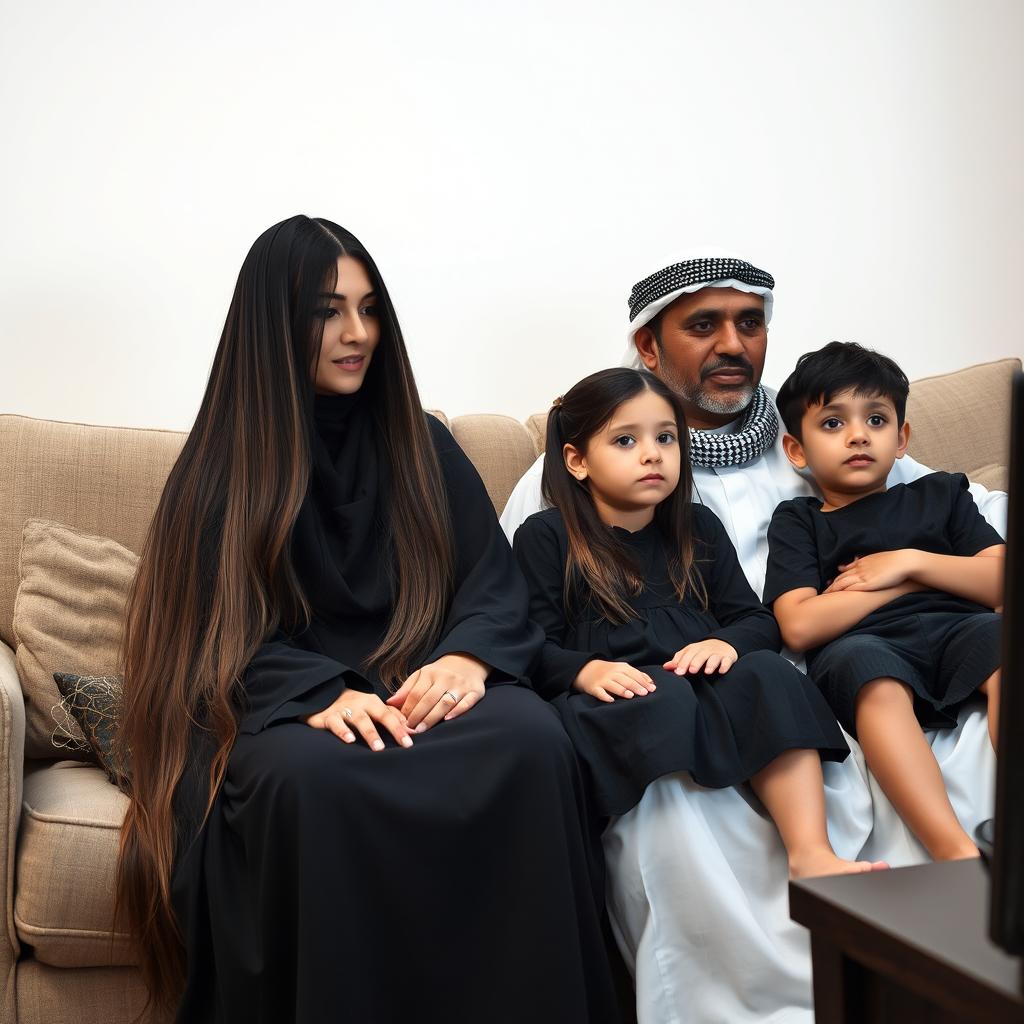 An Arab family with white skin tones sitting together on a couch watching television
