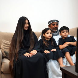 An Arab family with white skin tones sitting together on a couch watching television