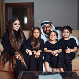 An Arab family with white skin tones sitting together on a couch watching television