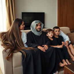 An Arab family with white skin tones sitting together on a couch watching television