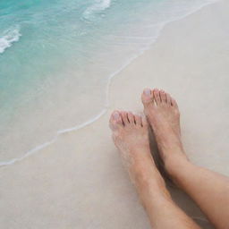 A closeup view of a pair of bare human feet, the skin healthy and well-cared for, positioned on a soft white sand beach with gentle turquoise waves washing over them.