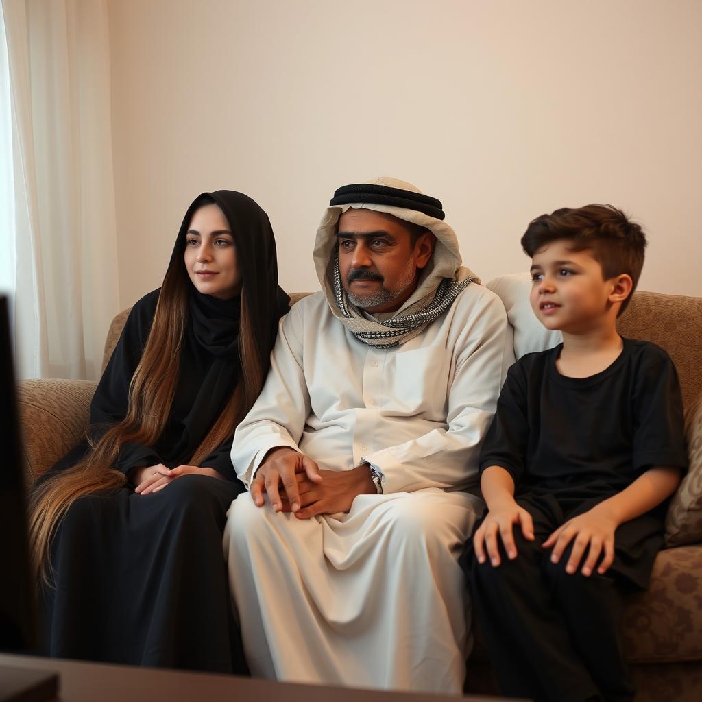 An Arab family with white skin tones sitting together on a couch watching television