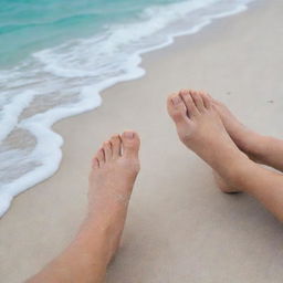 A closeup view of a pair of bare human feet, the skin healthy and well-cared for, positioned on a soft white sand beach with gentle turquoise waves washing over them.