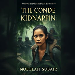 An intense and dramatic book cover design depicting a real human character representing Emilia, an international aid worker, in a moment of tension and survival