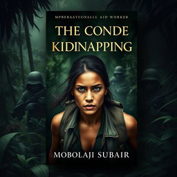 An intense and dramatic book cover design depicting a real human character representing Emilia, an international aid worker, in a moment of tension and survival