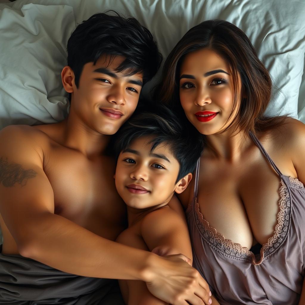 An 18-year-old Indonesian teenage boy with a handsome and dashing face, possessing a toned and athletic body, is lying on the lap of a 38-year-old adult woman