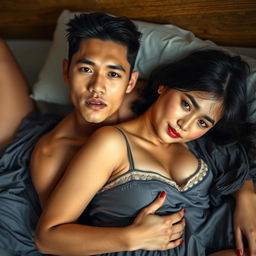 An 18-year-old Indonesian teenage boy with a handsome and dashing face, possessing a toned and athletic body, is lying on the lap of a 38-year-old adult woman