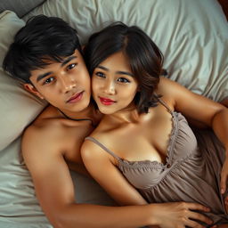 An 18-year-old Indonesian teenage boy with a handsome and dashing face, possessing a toned and athletic body, is lying on the lap of a 38-year-old adult woman