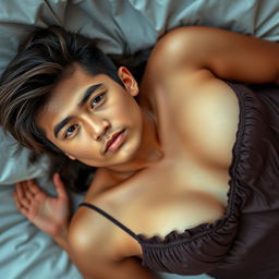 An 18-year-old Indonesian teenage boy with a handsome and dashing face, possessing a toned and athletic body, is lying on the lap of a 38-year-old adult woman