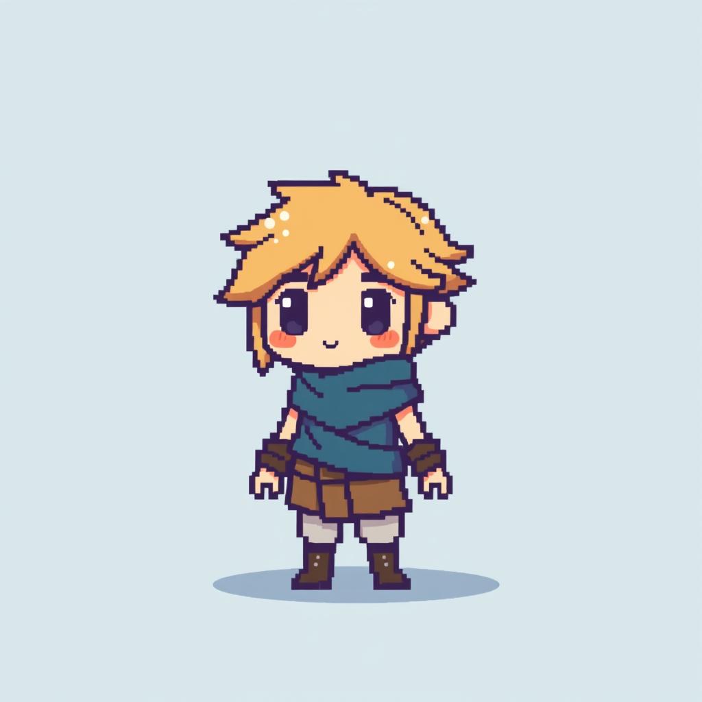 A very small pixel character designed for a game, featuring a simplistic humanoid form, dressed in basic attire that hints at a fantasy theme