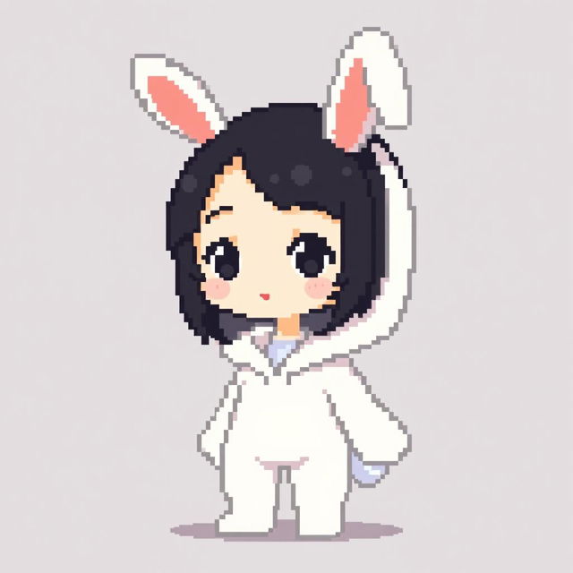 Pixel art of a girl in a bunny suit, with short dark hair and a simple, cute expression, wearing a white outfit and bunny ears, designed in an ultra-minimalist style, capturing adorable features in a highly compact 16x16 pixel format