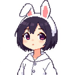 Pixel art of a girl in a bunny suit, with short dark hair and a simple, cute expression, wearing a white outfit and bunny ears, designed in an ultra-minimalist style, capturing adorable features in a highly compact 16x16 pixel format