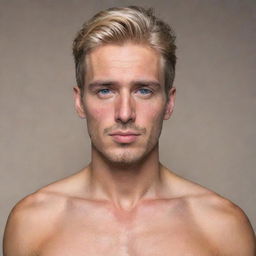 A fit Chilean-Spanish man standing at 1.80 meters. He possesses blond hair, blue eyes, and cherry-colored lips.