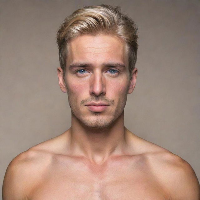 A fit Chilean-Spanish man standing at 1.80 meters. He possesses blond hair, blue eyes, and cherry-colored lips.