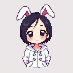 Pixel art of a girl in a bunny suit, with short dark hair and a simple, cute expression, wearing a white outfit and bunny ears, designed in an ultra-minimalist style, capturing adorable features in a highly compact 16x16 pixel format