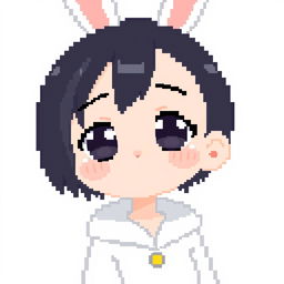 Pixel art of a girl in a bunny suit, with short dark hair and a simple, cute expression, wearing a white outfit and bunny ears, designed in an ultra-minimalist style, capturing adorable features in a highly compact 16x16 pixel format